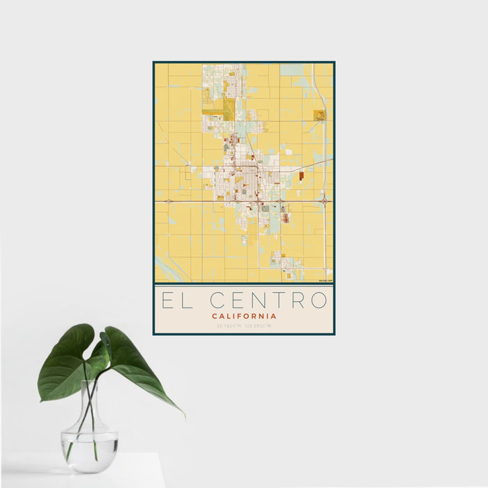 16x24 El Centro California Map Print Portrait Orientation in Woodblock Style With Tropical Plant Leaves in Water