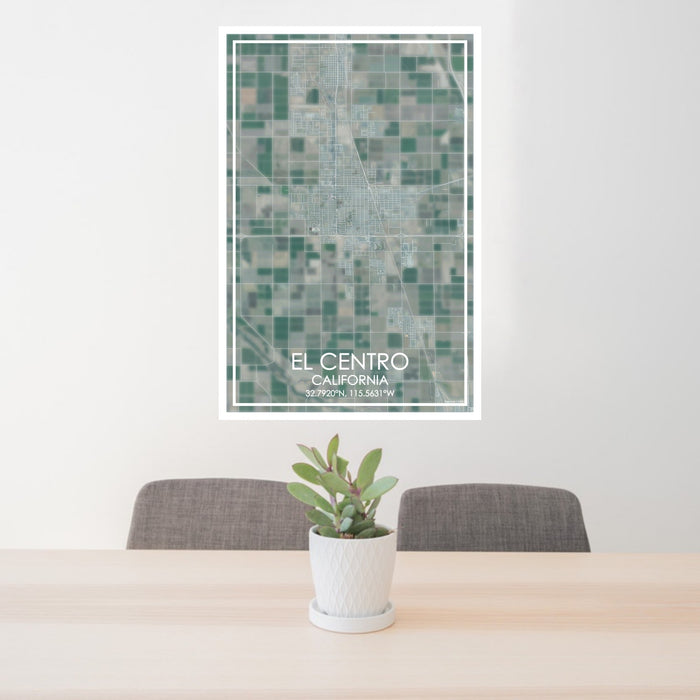 24x36 El Centro California Map Print Portrait Orientation in Afternoon Style Behind 2 Chairs Table and Potted Plant