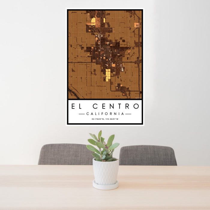 24x36 El Centro California Map Print Portrait Orientation in Ember Style Behind 2 Chairs Table and Potted Plant