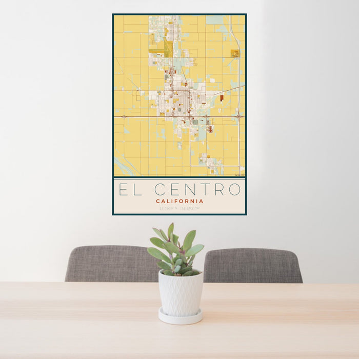 24x36 El Centro California Map Print Portrait Orientation in Woodblock Style Behind 2 Chairs Table and Potted Plant
