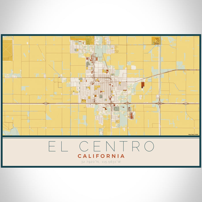 El Centro California Map Print Landscape Orientation in Woodblock Style With Shaded Background