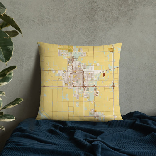 Custom El Centro California Map Throw Pillow in Woodblock on Bedding Against Wall