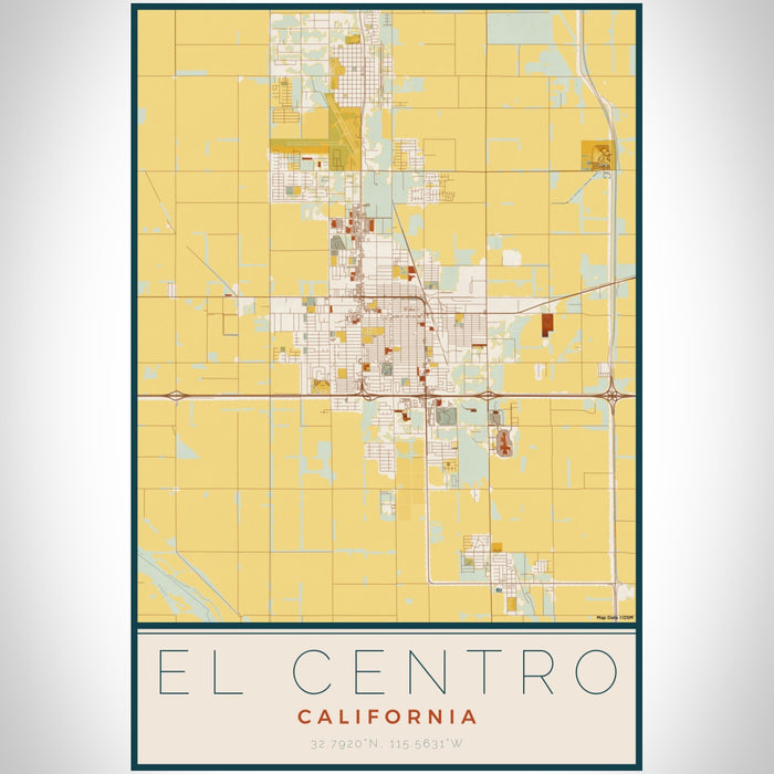 El Centro California Map Print Portrait Orientation in Woodblock Style With Shaded Background