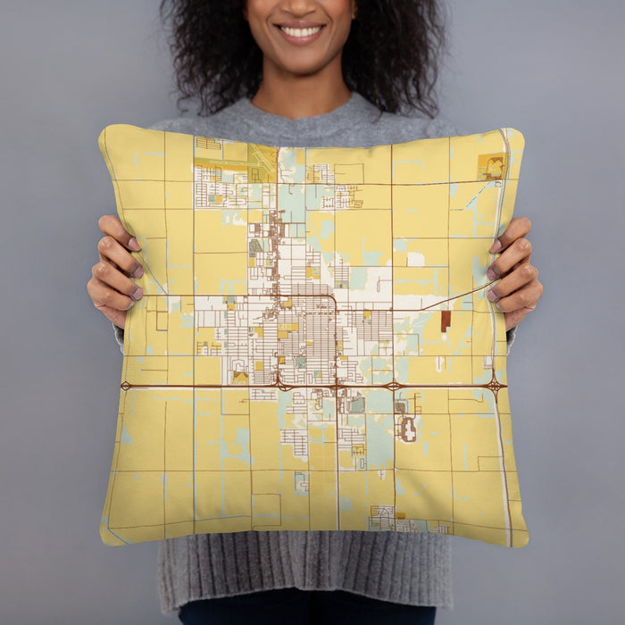 Person holding 18x18 Custom El Centro California Map Throw Pillow in Woodblock