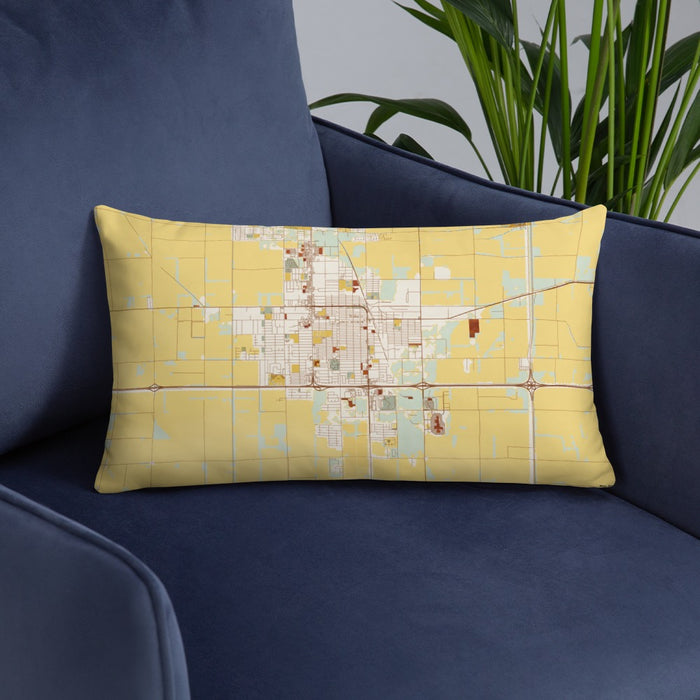 Custom El Centro California Map Throw Pillow in Woodblock on Blue Colored Chair