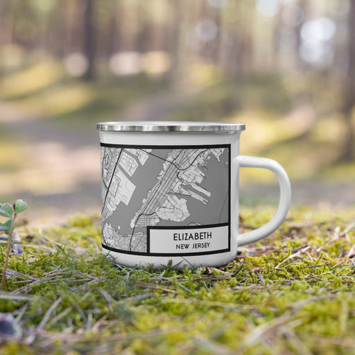 Right View Custom Elizabeth New Jersey Map Enamel Mug in Classic on Grass With Trees in Background