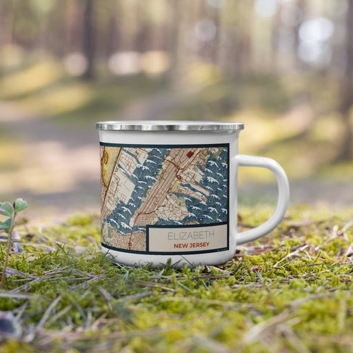 Right View Custom Elizabeth New Jersey Map Enamel Mug in Woodblock on Grass With Trees in Background