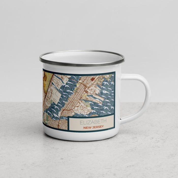 Right View Custom Elizabeth New Jersey Map Enamel Mug in Woodblock