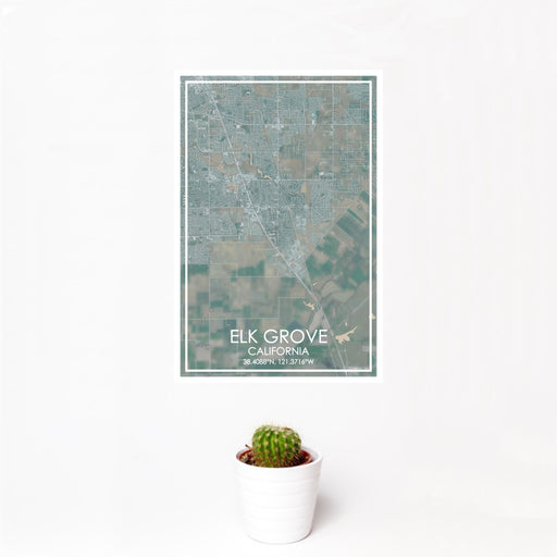 12x18 Elk Grove California Map Print Portrait Orientation in Afternoon Style With Small Cactus Plant in White Planter