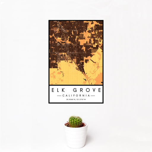 12x18 Elk Grove California Map Print Portrait Orientation in Ember Style With Small Cactus Plant in White Planter