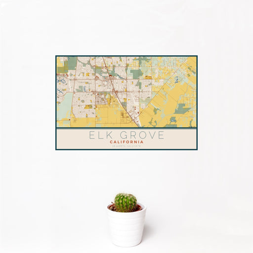 12x18 Elk Grove California Map Print Landscape Orientation in Woodblock Style With Small Cactus Plant in White Planter