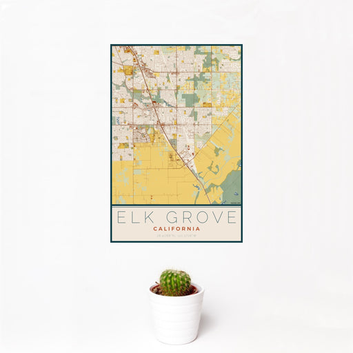 12x18 Elk Grove California Map Print Portrait Orientation in Woodblock Style With Small Cactus Plant in White Planter