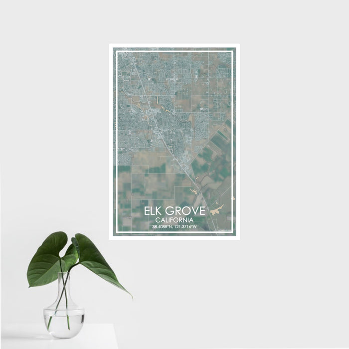 16x24 Elk Grove California Map Print Portrait Orientation in Afternoon Style With Tropical Plant Leaves in Water