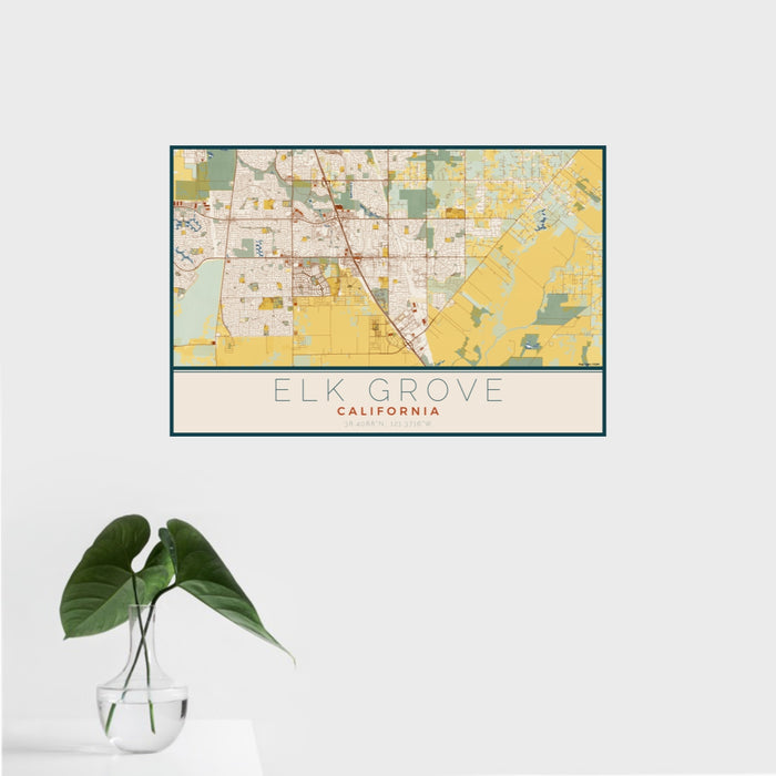 16x24 Elk Grove California Map Print Landscape Orientation in Woodblock Style With Tropical Plant Leaves in Water