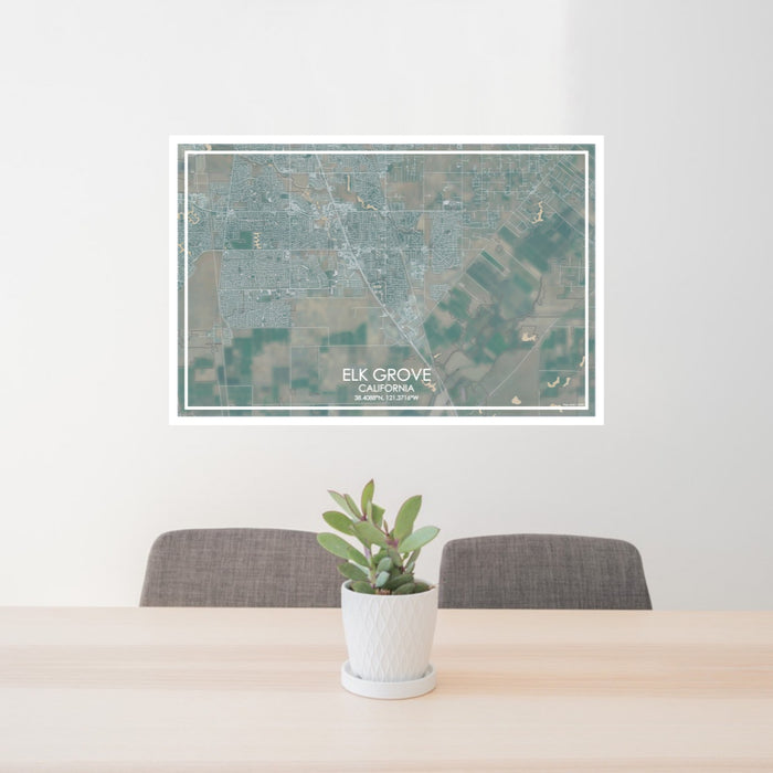 24x36 Elk Grove California Map Print Lanscape Orientation in Afternoon Style Behind 2 Chairs Table and Potted Plant