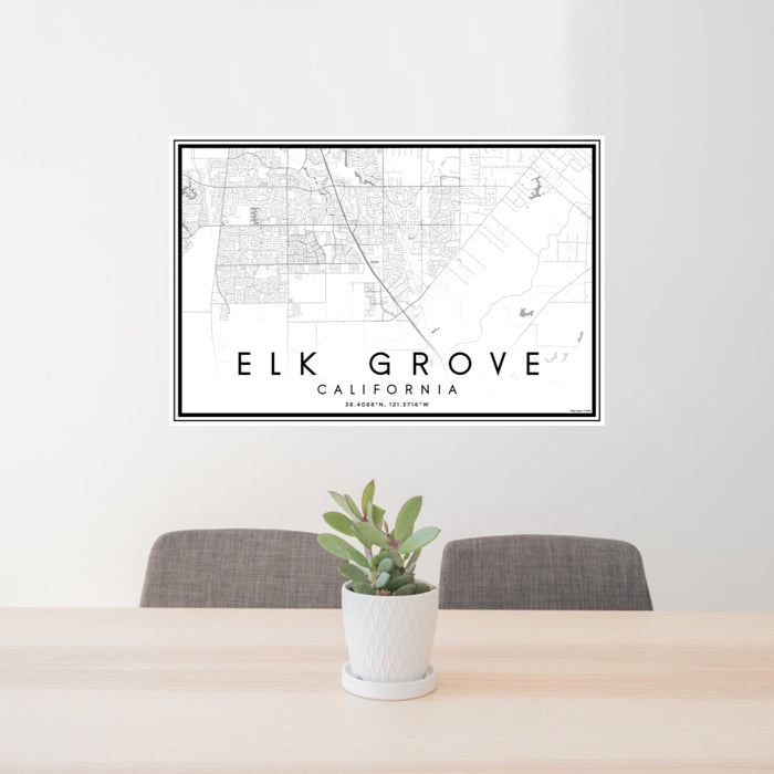 24x36 Elk Grove California Map Print Lanscape Orientation in Classic Style Behind 2 Chairs Table and Potted Plant