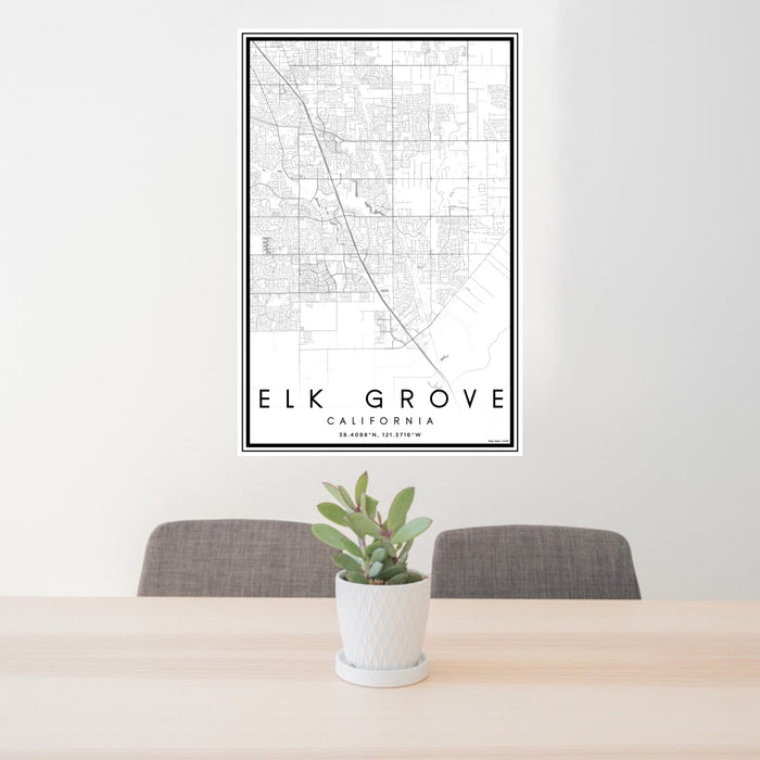 24x36 Elk Grove California Map Print Portrait Orientation in Classic Style Behind 2 Chairs Table and Potted Plant