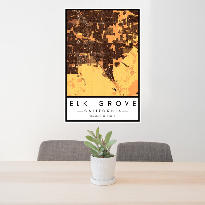 24x36 Elk Grove California Map Print Portrait Orientation in Ember Style Behind 2 Chairs Table and Potted Plant
