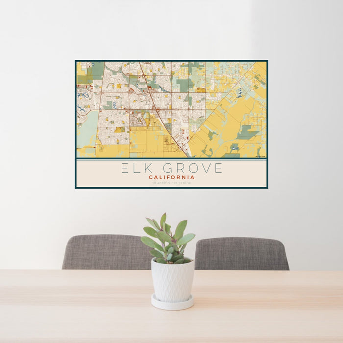 24x36 Elk Grove California Map Print Lanscape Orientation in Woodblock Style Behind 2 Chairs Table and Potted Plant