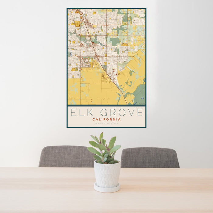 24x36 Elk Grove California Map Print Portrait Orientation in Woodblock Style Behind 2 Chairs Table and Potted Plant
