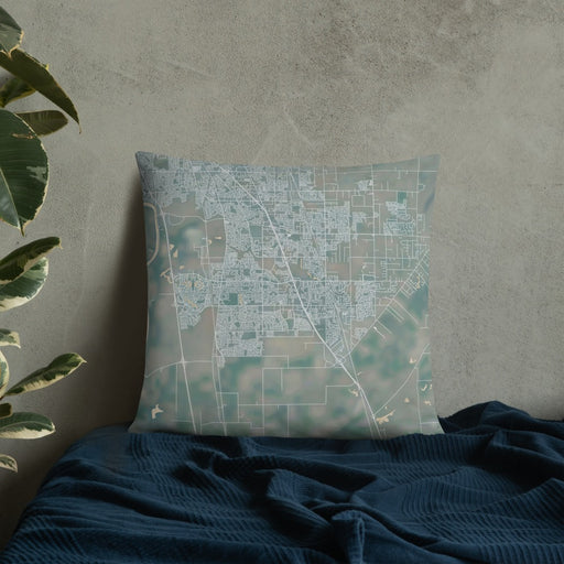 Custom Elk Grove California Map Throw Pillow in Afternoon on Bedding Against Wall