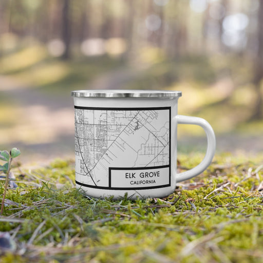 Right View Custom Elk Grove California Map Enamel Mug in Classic on Grass With Trees in Background