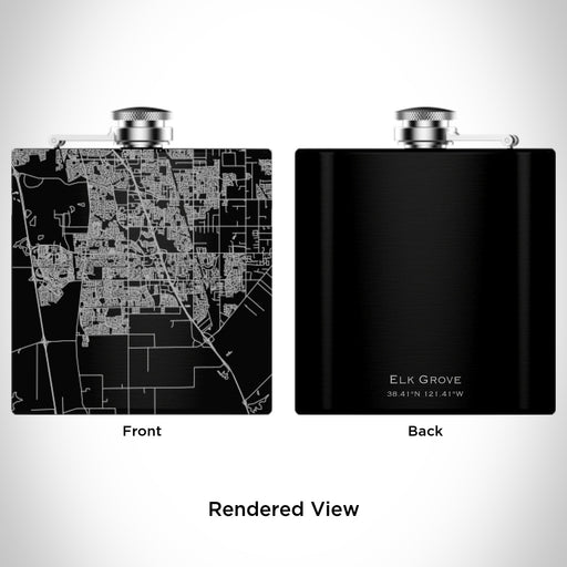 Rendered View of Elk Grove California Map Engraving on 6oz Stainless Steel Flask in Black