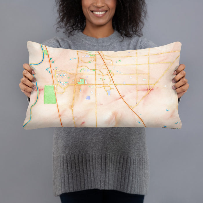 Person holding 20x12 Custom Elk Grove California Map Throw Pillow in Watercolor