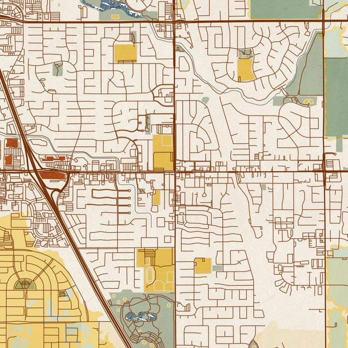 Elk Grove California Map Print in Woodblock Style Zoomed In Close Up Showing Details