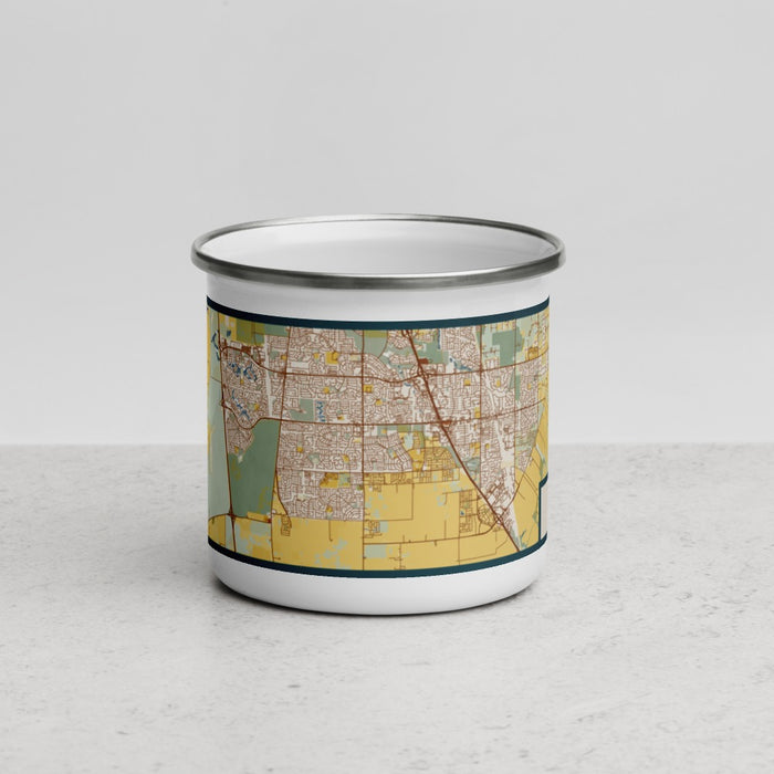 Front View Custom Elk Grove California Map Enamel Mug in Woodblock