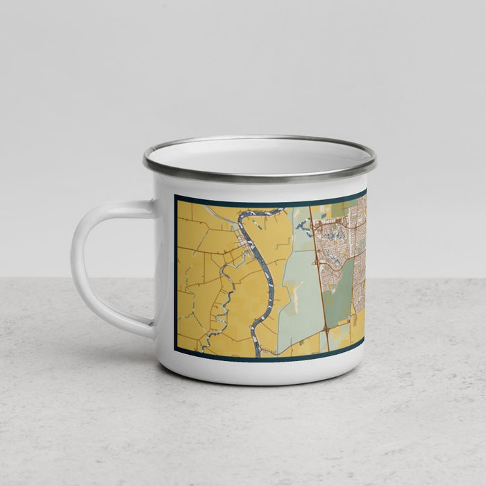 Left View Custom Elk Grove California Map Enamel Mug in Woodblock