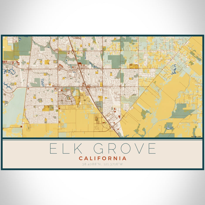 Elk Grove California Map Print Landscape Orientation in Woodblock Style With Shaded Background