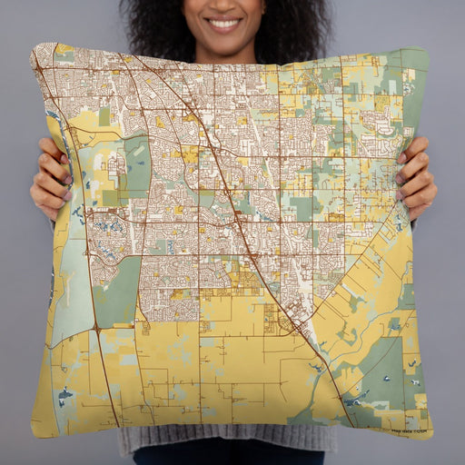 Person holding 22x22 Custom Elk Grove California Map Throw Pillow in Woodblock