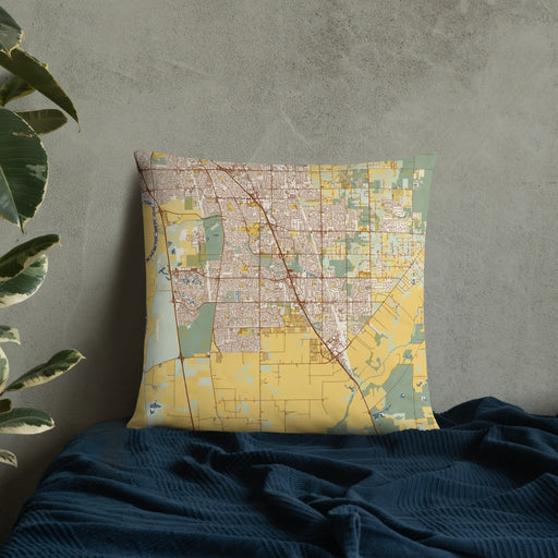 Custom Elk Grove California Map Throw Pillow in Woodblock on Bedding Against Wall
