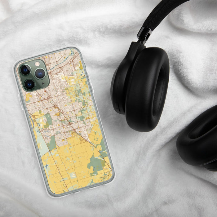 Custom Elk Grove California Map Phone Case in Woodblock on Table with Black Headphones
