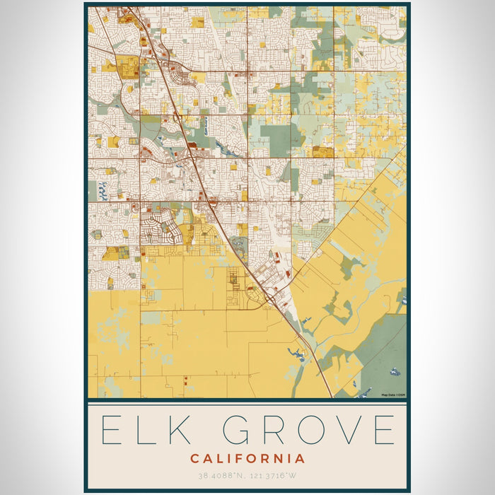 Elk Grove California Map Print Portrait Orientation in Woodblock Style With Shaded Background
