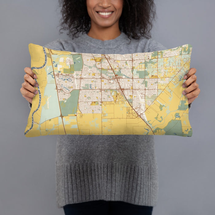 Person holding 20x12 Custom Elk Grove California Map Throw Pillow in Woodblock