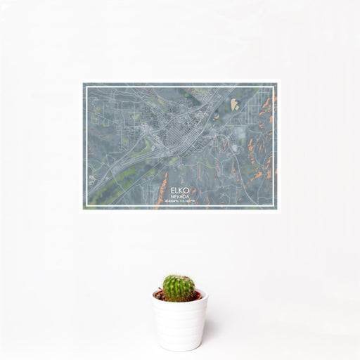 12x18 Elko Nevada Map Print Landscape Orientation in Afternoon Style With Small Cactus Plant in White Planter