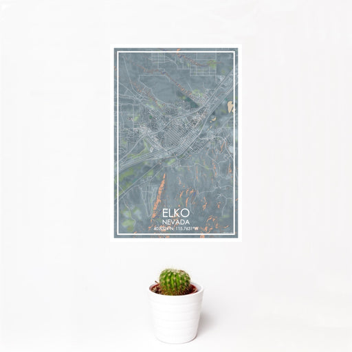 12x18 Elko Nevada Map Print Portrait Orientation in Afternoon Style With Small Cactus Plant in White Planter