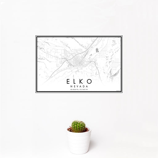 12x18 Elko Nevada Map Print Landscape Orientation in Classic Style With Small Cactus Plant in White Planter