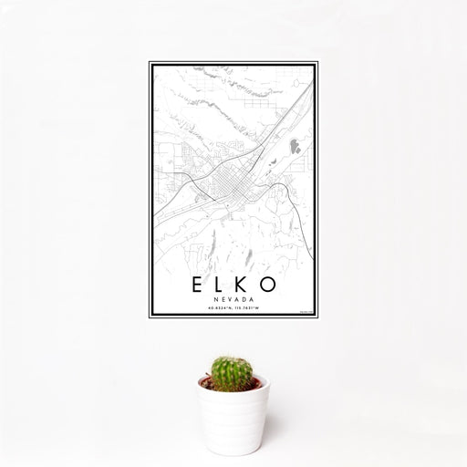 12x18 Elko Nevada Map Print Portrait Orientation in Classic Style With Small Cactus Plant in White Planter