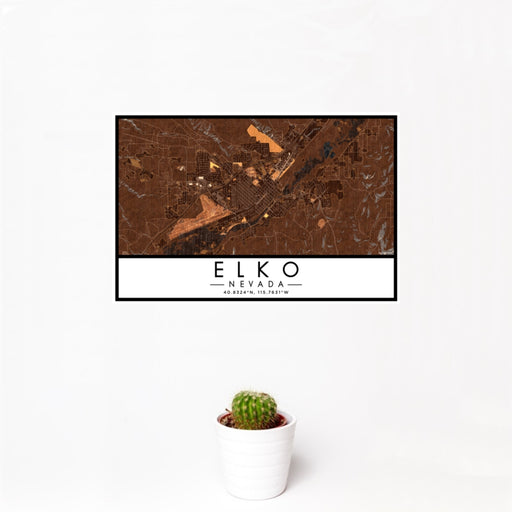 12x18 Elko Nevada Map Print Landscape Orientation in Ember Style With Small Cactus Plant in White Planter