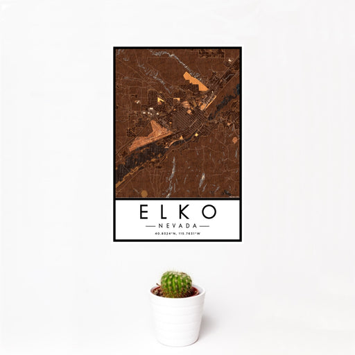12x18 Elko Nevada Map Print Portrait Orientation in Ember Style With Small Cactus Plant in White Planter