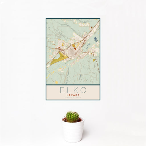 12x18 Elko Nevada Map Print Portrait Orientation in Woodblock Style With Small Cactus Plant in White Planter