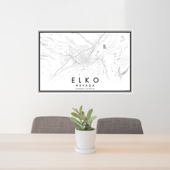 24x36 Elko Nevada Map Print Lanscape Orientation in Classic Style Behind 2 Chairs Table and Potted Plant