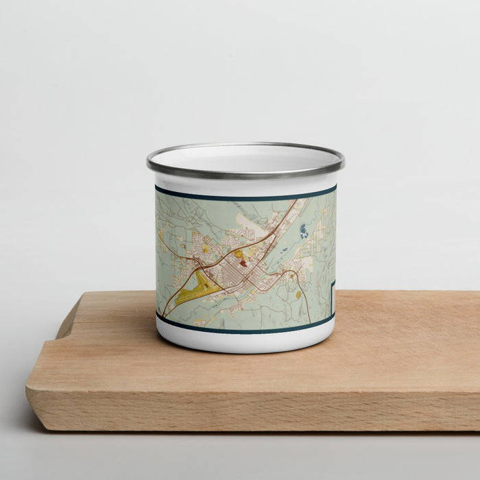 Front View Custom Elko Nevada Map Enamel Mug in Woodblock on Cutting Board