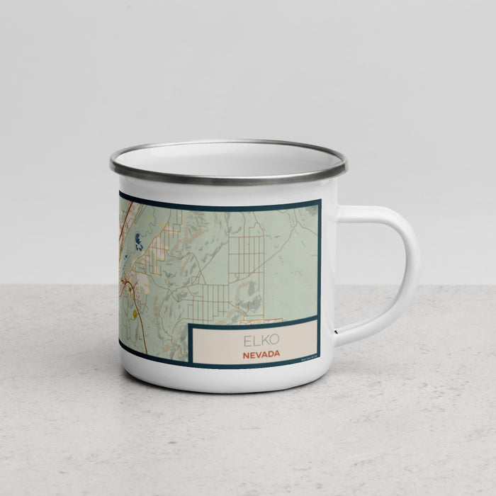 Right View Custom Elko Nevada Map Enamel Mug in Woodblock