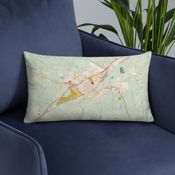Custom Elko Nevada Map Throw Pillow in Woodblock on Blue Colored Chair