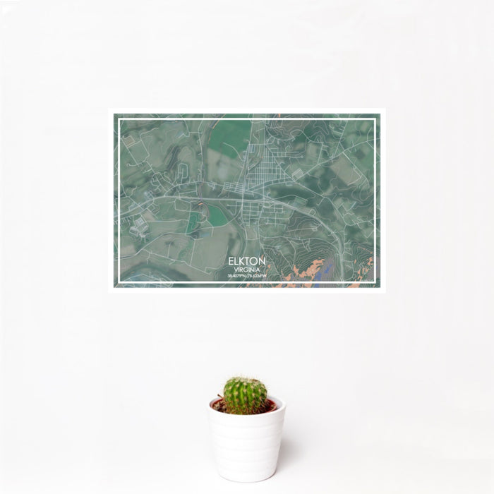 12x18 Elkton Virginia Map Print Landscape Orientation in Afternoon Style With Small Cactus Plant in White Planter