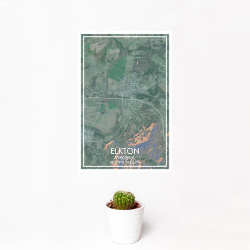 12x18 Elkton Virginia Map Print Portrait Orientation in Afternoon Style With Small Cactus Plant in White Planter